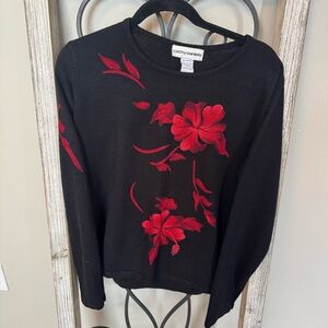 Cathy Daniels Black‎ Sweater with Red Floral Embroidery Size Large